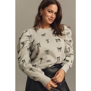 Anthropologie Maeve Gray Navy Embroidered Bow Puff Sleeve Sweatshirt NWT Small